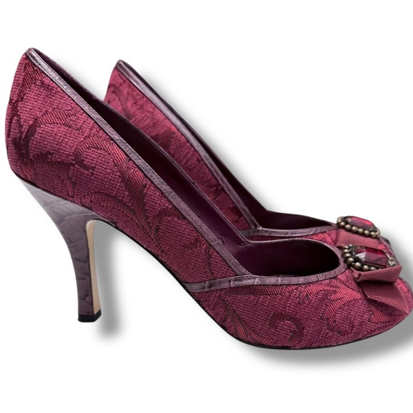 Enzo Angiolini Janine Women's Wine Red tapestry Peep Toe Heels Sz 9.5 vintage - Picture 1 of 16